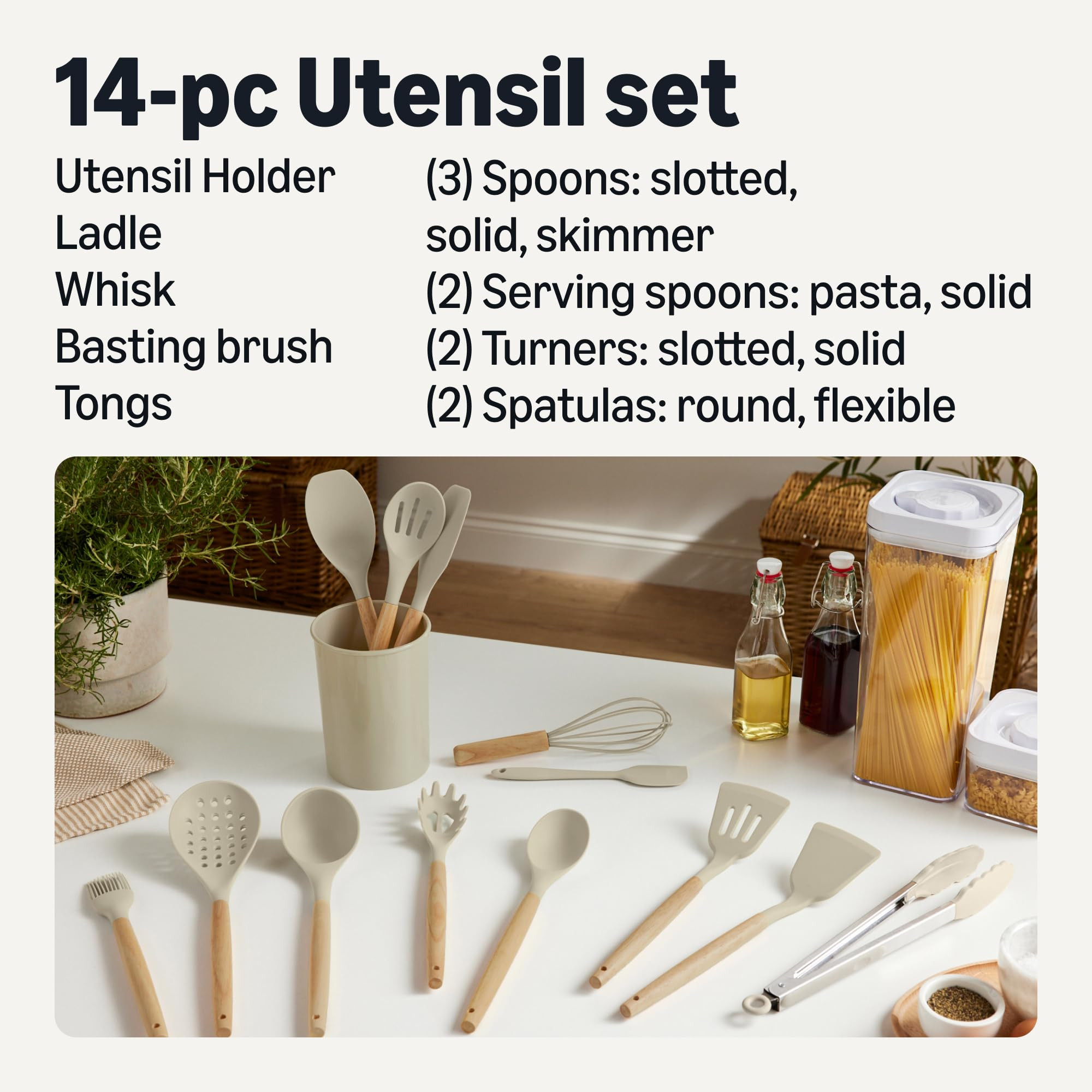 Amazon Basics Silicone Cooking Utensils Set with Wooden Handle, 14-Piece, BPA-Free, Utensil Holde... | Amazon (US)