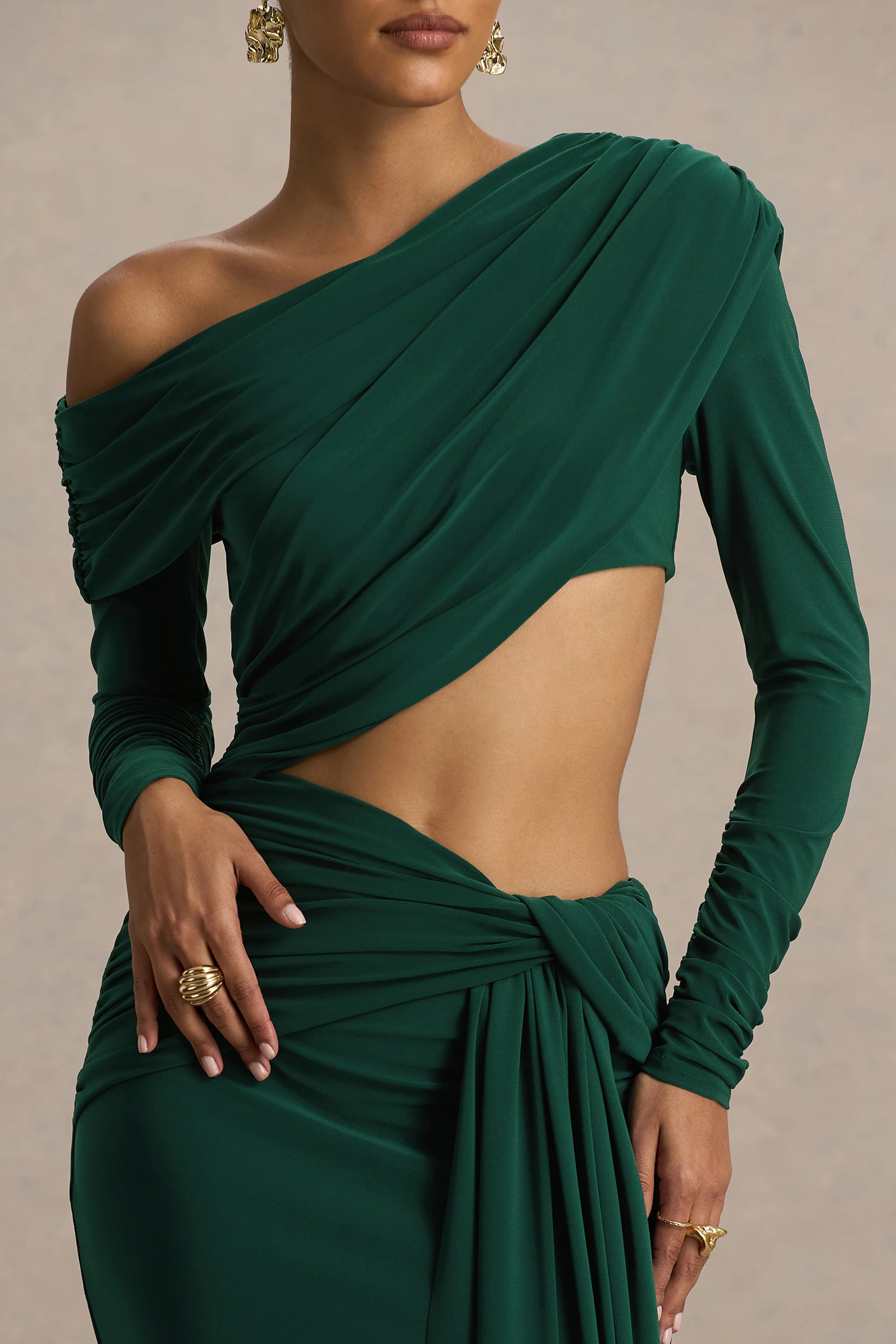 Mikayla  Dark Green Asymmetric-Neck Wrap Maxi Dress With Body Cut-Out And Ruched Detailing | Club L London
