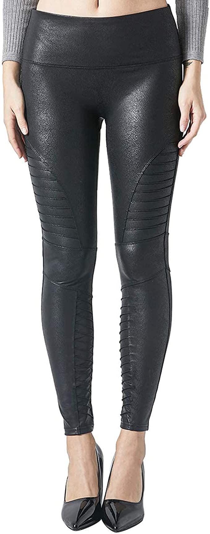 MCEDAR Faux Leather Moto Legging for Women Sexy Black Stretch Pleather Leather Pants Plus Size | Amazon (US)