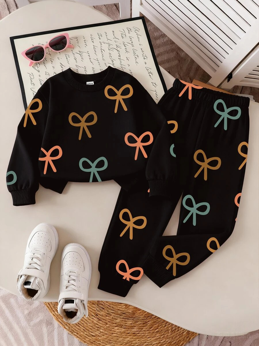 Genkimix Kids 1 Set Young Girls' Cute Colorful Bow Print Crew Neck Sweatshirt And Printed Sweatpants Outfit, Autumn/Winter Girls Pants Two Pieces Casual Suit | SHEIN