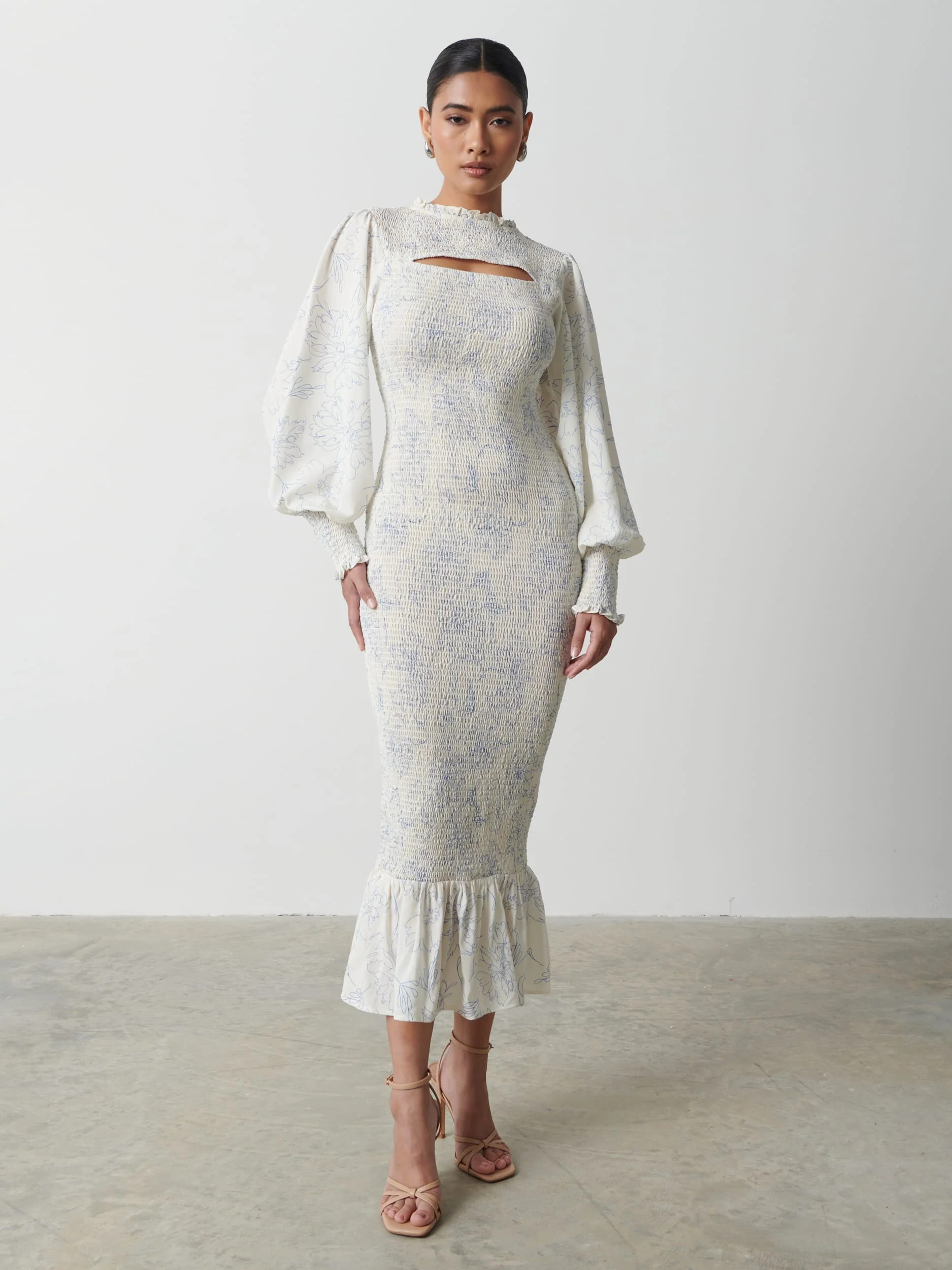 Elise Cut Out Shirred Printed Midaxi Dress - Peony Abstract Floral Pri | Pretty Lavish (UK)