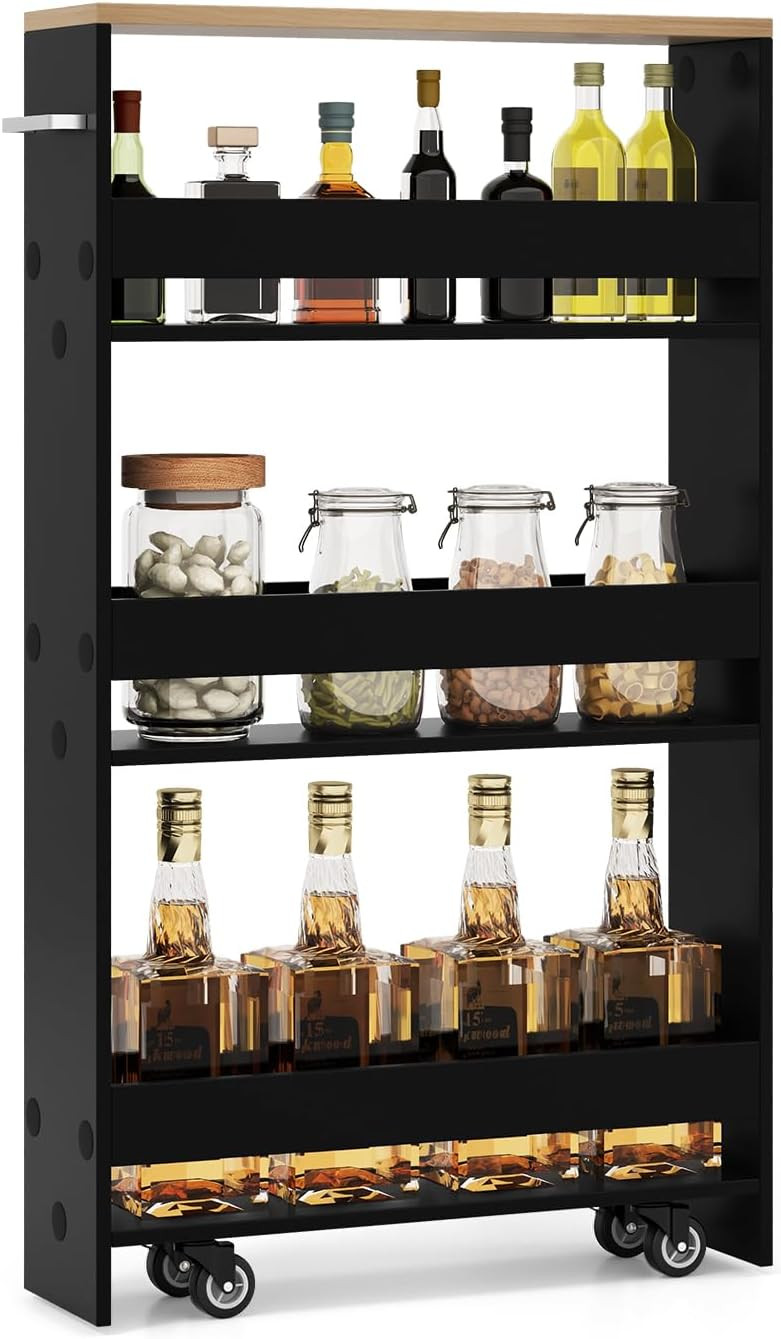 LOKO Slim Storage Cart, 4-Tier Rolling Cart with Handle & Wooden Top for Kitchen Bathroom Laundry... | Amazon (US)