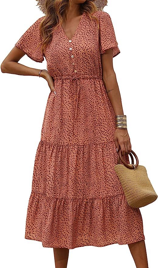 PRETTYGARDEN Women's Floral Boho Dress Casual Short Sleeve V Neck Ruffle Tiered 2023 Summer Swing... | Amazon (US)