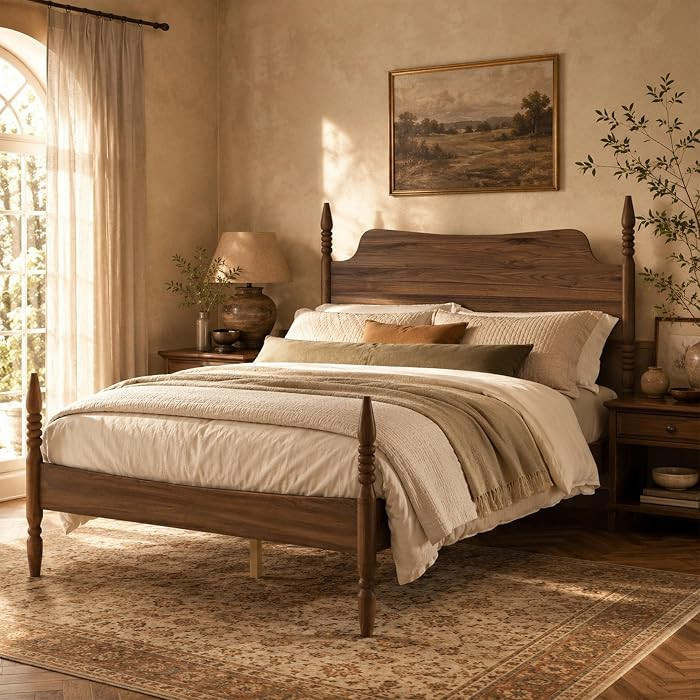 Queen Farmhouse Wood Platform Bed Frame with Headboard, Walnut Poster Bed | Amazon (US)
