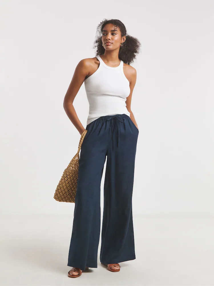 Simply Be Navy Blue Tie Waist Wide Leg Linen Mix Trousers | Next US