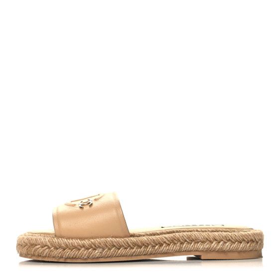 Chanel: All/Accessories/CHANEL Lambskin CC Embossed Espadrille Mule Sandals 36 Beige | FASHIONPHILE (US)