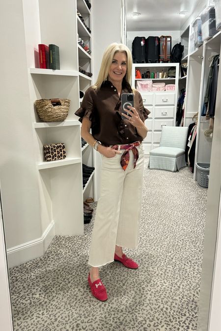 Brown Linen top and Meg jeans. Wearing ecru but they also come in white. Hermes scarf as belt. Shoes are Hermes. 


#LTKfindsunder100 #LTKstyletip #LTKover40