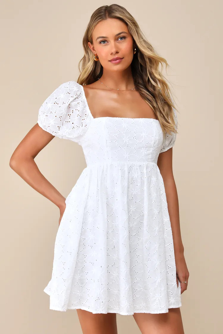 Fit to Frolic White Eyelet Lace Puff Sleeve Babydoll Dress | Lulus