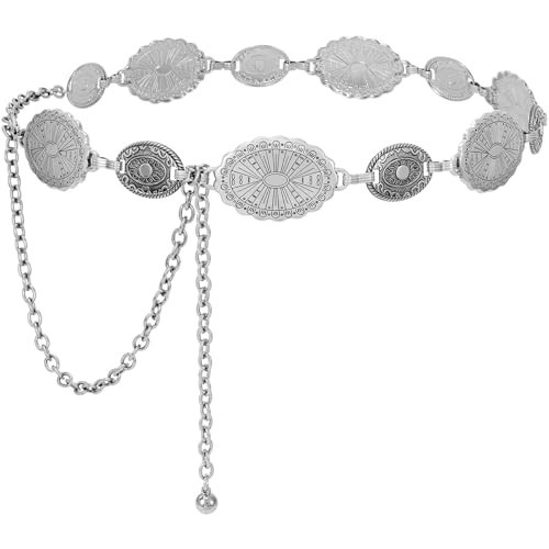 XZQTIVE Silver/Gold Concho Chain Belt for Women - Vintage Boho Western Belt for Dresses, Jeans, Country Concert Outfit | Amazon (US)
