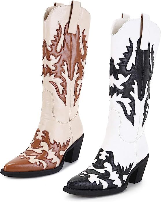 ANN CREEK Women's 'Hornsby' Mid Calf Knee-high Cowboy Boots White Studded Medium+Wide Size Foot a... | Amazon (US)