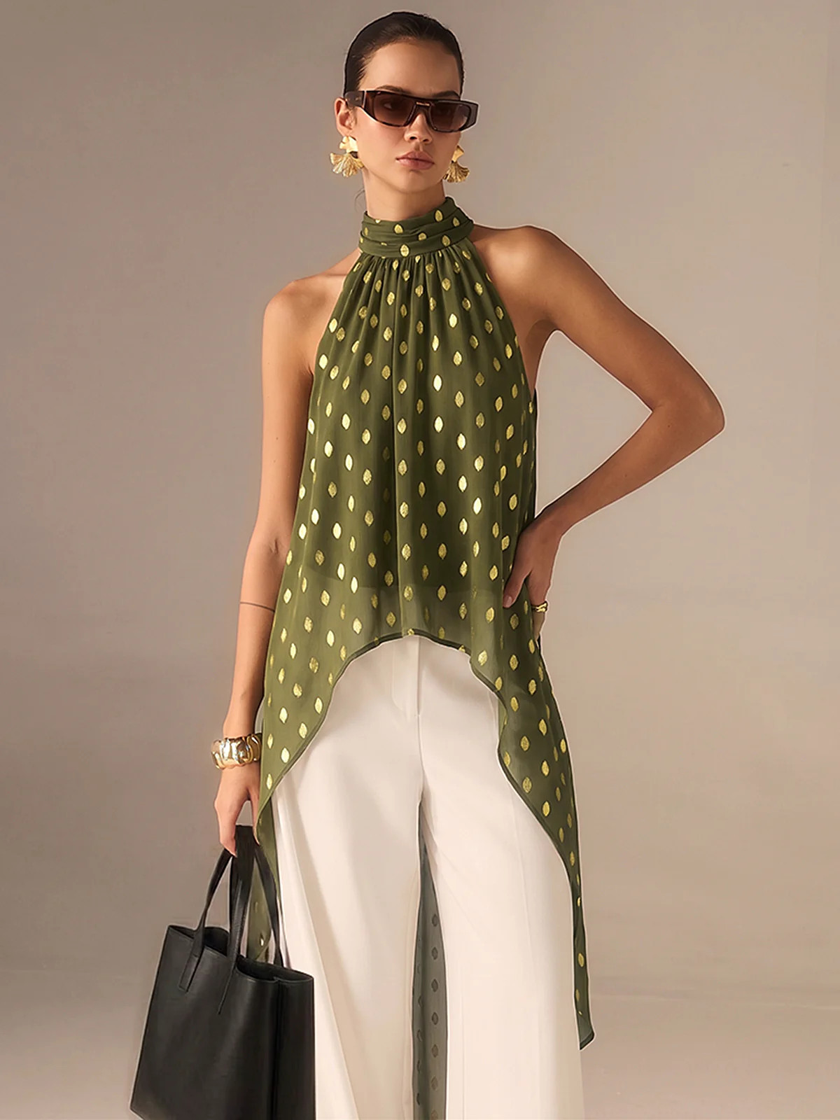 Polka Dot Halter Asymmetrical Blouse | Commense