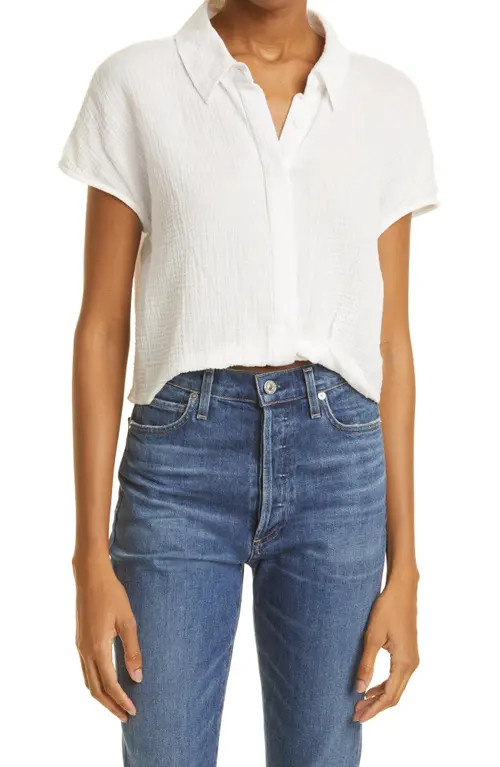 Monrow Short Sleeve Organic Cotton Gauze Button-Up Shirt in White at Nordstrom, Size Medium | Nordstrom