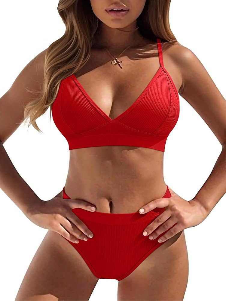 OQQ 2 Piece Bikini Set V Neck Popular Swimsuit High Waisted 2026 Summer Beach Swim Bathing Suits | Amazon (US)