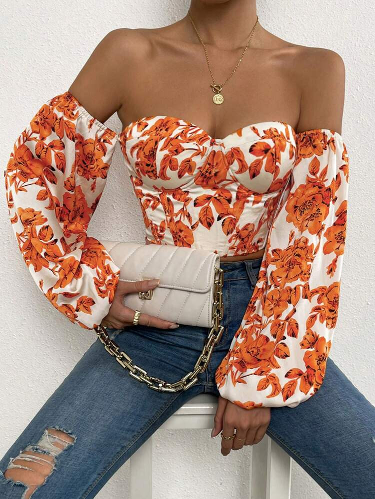 Floral Print Off Shoulder Lantern Sleeve Bustier Crop Top
       
              
              $1... | SHEIN