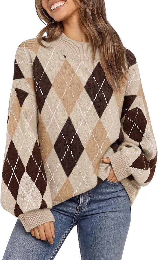 Saodimallsu Womens Oversized Sweaters Argyle Fall Winter Tunic Sweater Tops | Amazon (US)