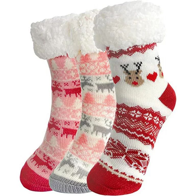 DivanTree 3 Pairs Christmas Fuzzy Socks for Women Non Skid, Warm Thermal Sleep Plush Fuzzy Slippe... | Walmart (US)