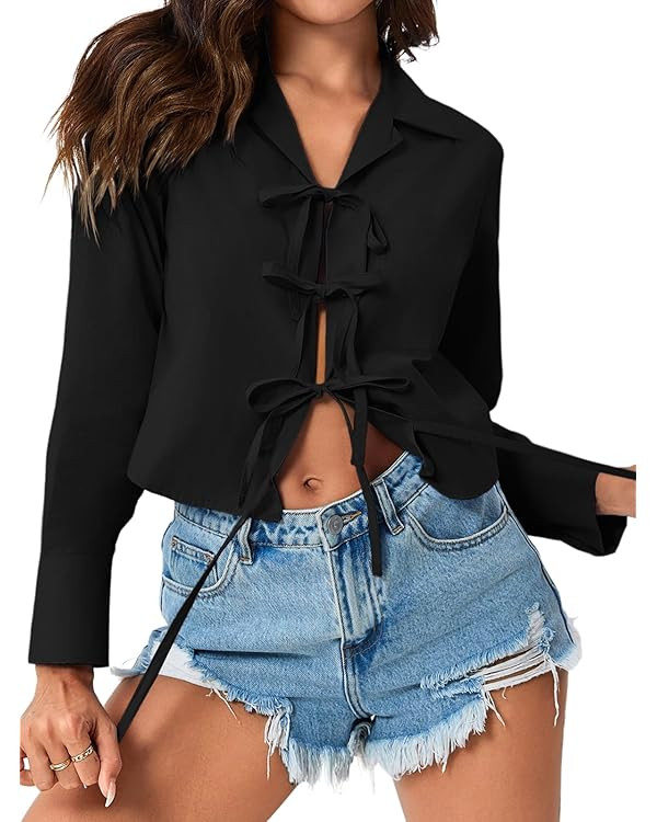 Tankaneo Womens Tie Front Tops Casual Long Sleeves Shirts Lapel Collar Blouse with Pockets | Amazon (US)