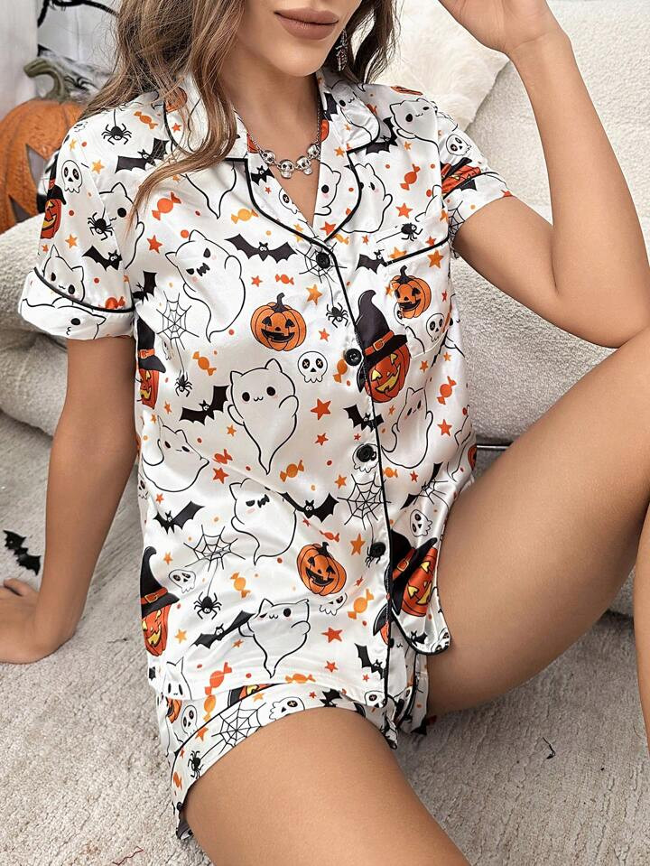 Halloween Print Contrast Piping PJ Set | SHEIN
