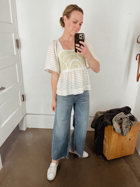 Cute woven top + soft cropped jeans 👖 

Top runs generous, size down. Wearing an XS. Also comes in black with white detailing. Jeans run big as well, wearing a 23 (two sizes down from my true size). Size down at least one size as they have a lot of stretch! 

#LTKSeasonal