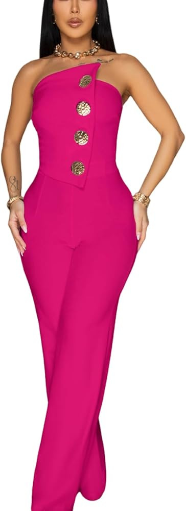 Women's fashionable, sexy, elegant, high waisted, wide leg pants, club business party button jump... | Amazon (US)
