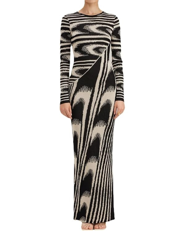 Autumn Winter Chic Abstract Knitted Long Dress Women O-neck Long Sleeve Stretchable Slim Maxi Dre... | Amazon (US)