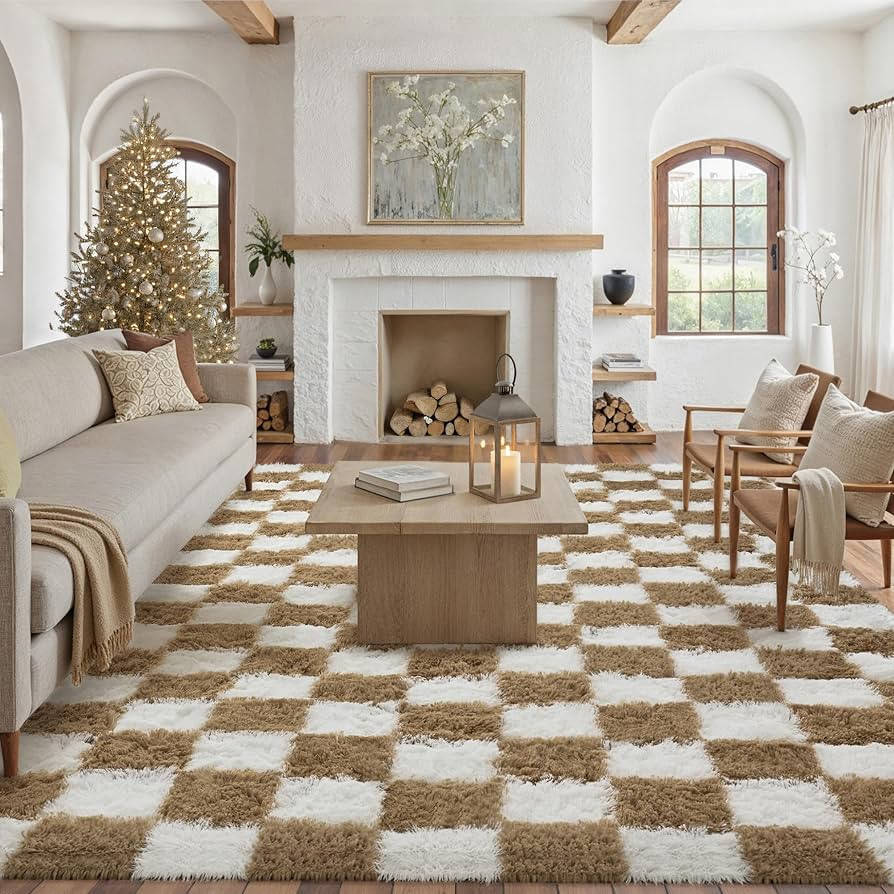 Checkered Rug 8x10 for Living Room, Beige and White Modern Shag Rug Washable Non-Slip Large Area ... | Amazon (US)