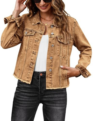 Luvamia Women's Distressed Jean Jacket - Lightweight Denim Shirt - Brown Sugar - Stone Wash - XXL (Fits Size 20-22) | Amazon (US)