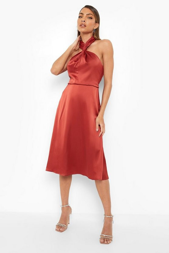 Satin Halterneck Twist Midi Bridesmaid Dress | Boohoo.com (US & CA)