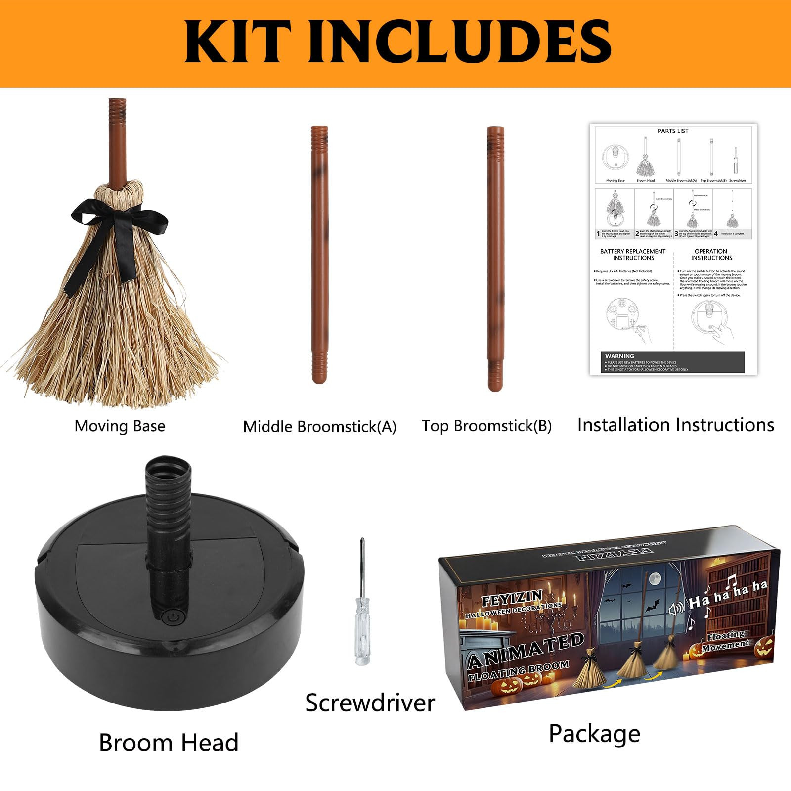 Halloween Decoration- 43.5 Inches Tall Animated Floating Witch's Broom –Haunted Dancing Broom f... | Amazon (US)