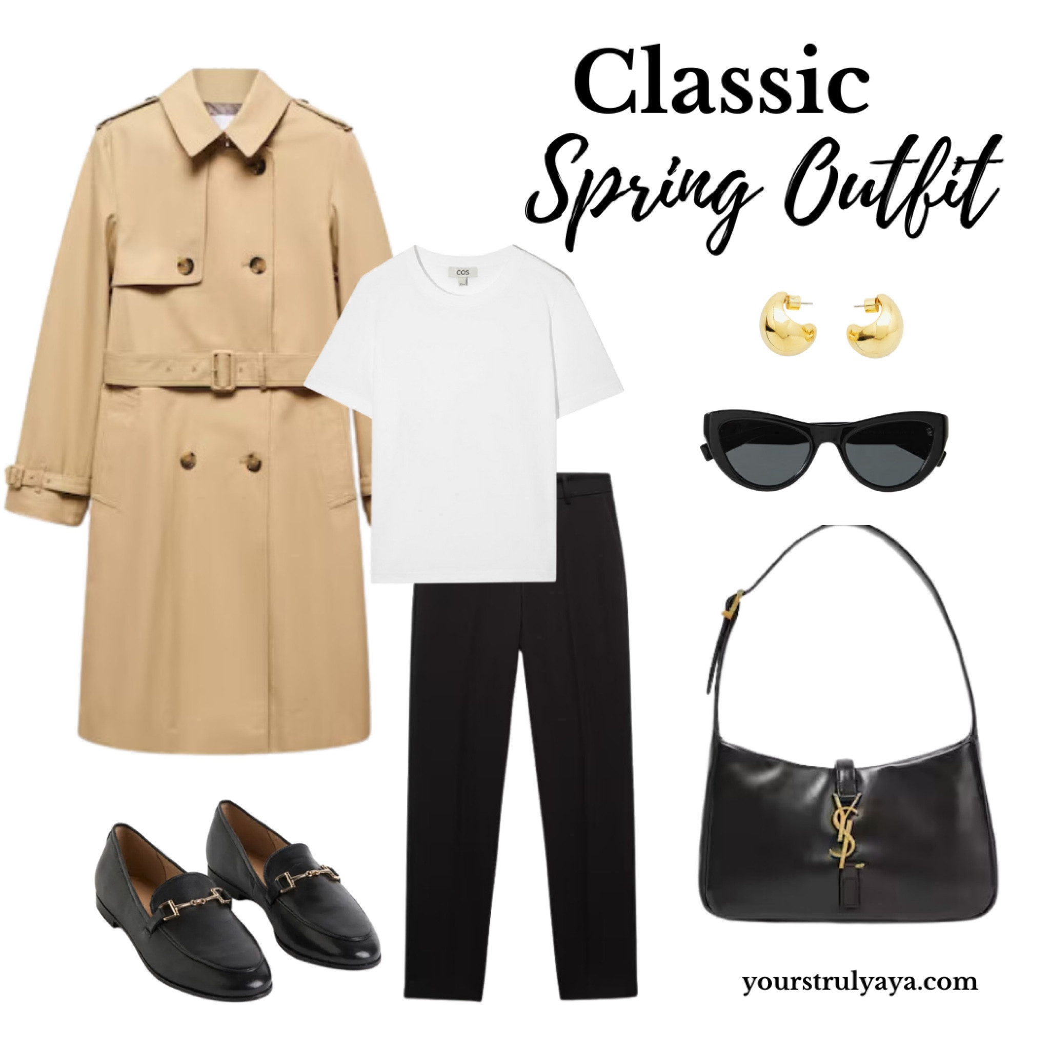 Spring outfit of the Day featuring a Classic Trench coat, white t shirt, black tailored pants, shoulder bag, loafers, sunglasses, gold earrings. 

#LTKworkwear #LTKstyletip #LTKSeasonal