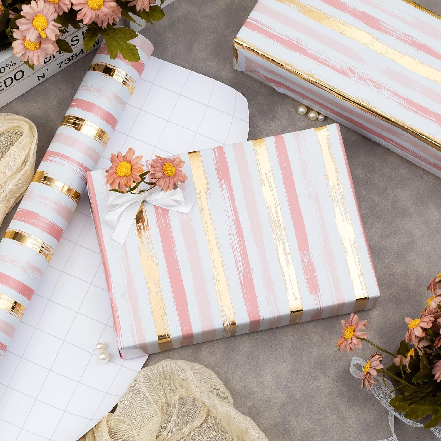 MAYPLUSS Girl Pink Wrapping Paper Roll - 17 Inch X 33 Feet - Elegant Thick Shimmering Stripe Pink... | Amazon (US)