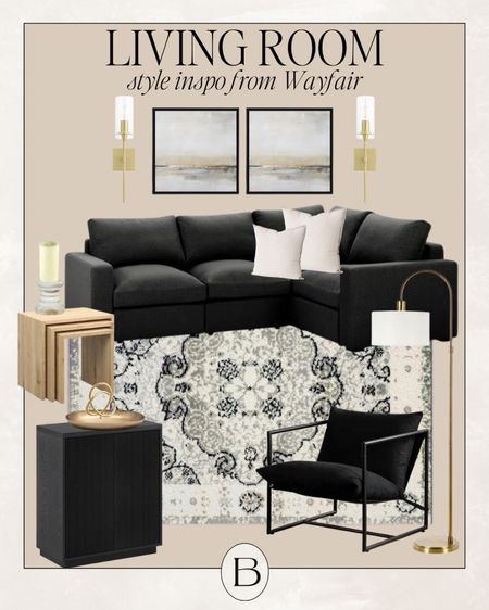 Living Room styling - Wayfair living room styling - Wayfair - Neutral living room styling - black couch - black and white decorative rug - gold lighting 