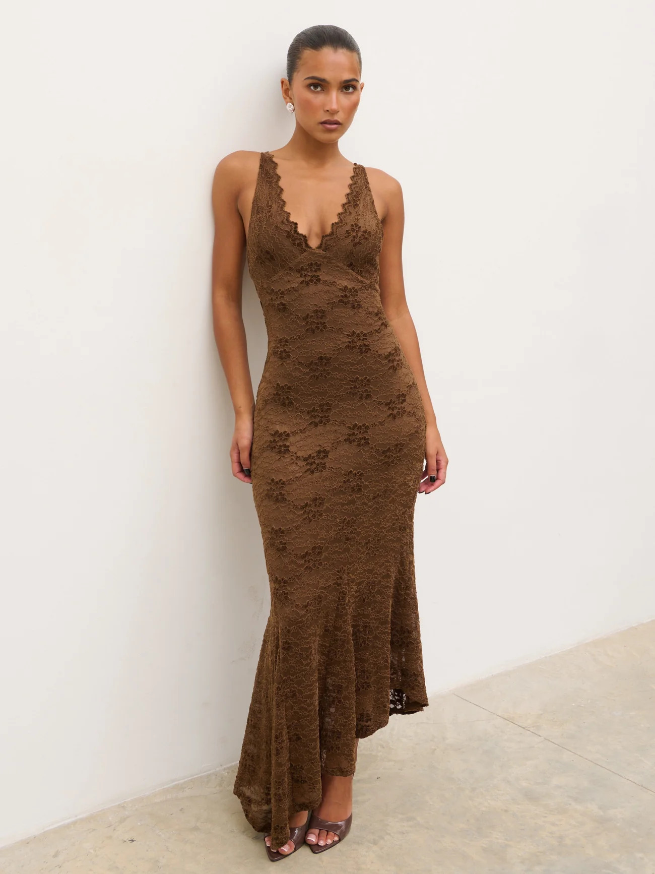 Zoey Lace Midaxi Dress - Brown | Pretty Lavish (UK)