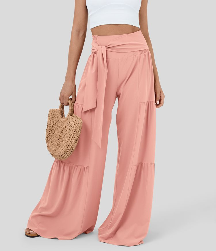 Breezeful™ High Waisted Shirred Tie Front & Back Plicated Wide Leg Flowy Quick Dry Casual Pants | HALARA
