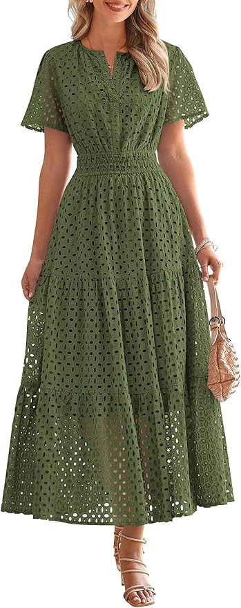 PRETTYGARDEN Womens 2025 Summer Maxi Dress Short Sleeve V Neck Hollow Out Eyelet A Line Long Flow... | Amazon (US)
