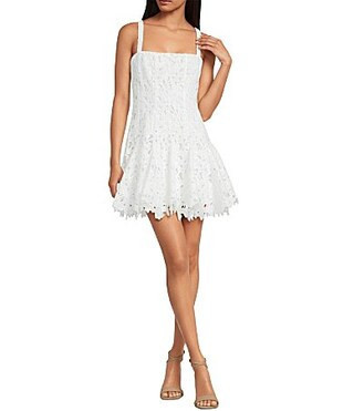Gianni Bini Alice Floral Eyelet Square Neck Sleeveless A-Line Dress - 0 | Dillard's