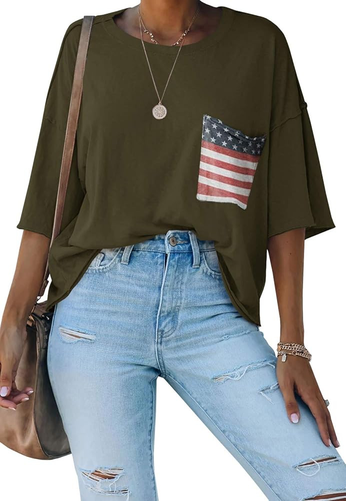 Kathemoi Womens Crewneck Half Sleeve T Shirt Summer Pullover Casual Blouse Tops with Pockets | Amazon (US)