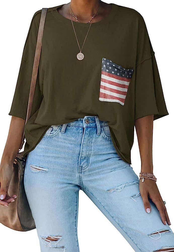 Kathemoi Womens Crewneck Half Sleeve T Shirt Summer Pullover Casual Blouse Tops with Pockets | Amazon (US)
