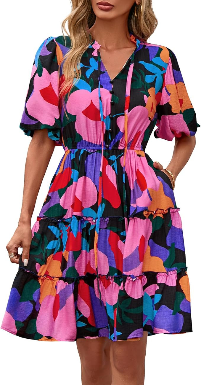 BTFBM Women Summer Floral Short Dresses V Neck Short Sleeve Tiered Ruffle Boho Swing Dress A-Line... | Amazon (US)