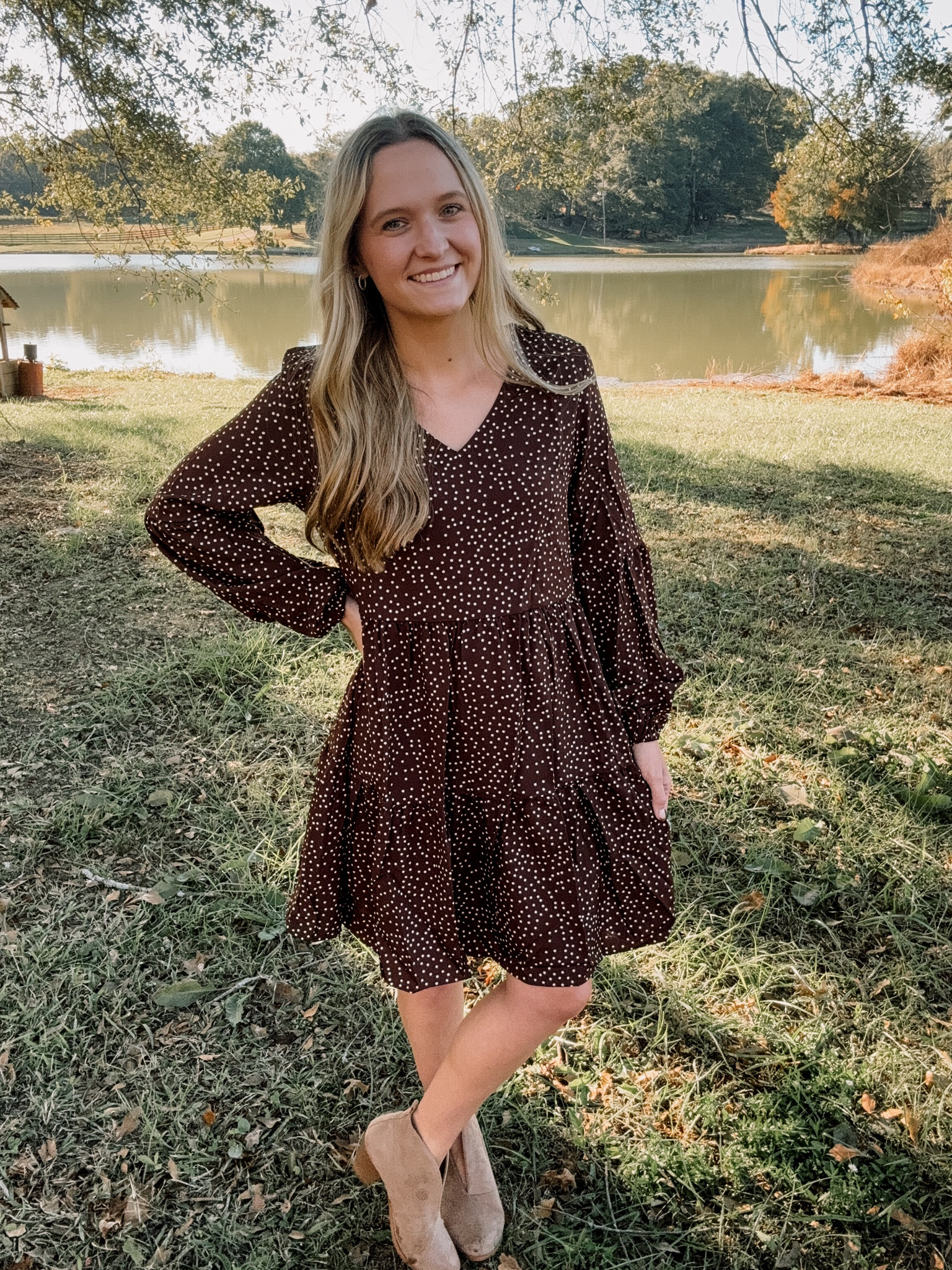 The perfect dress for fall 🍂🤎 wearing a size small! There are tons of different colors & patterns to choose from! Wearing the polka dot coffee color! linked below ✨ 

#LTKU #LTKSeasonal