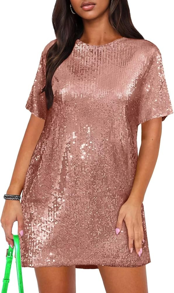 Ophestin Women's Sparkly Sequin T Shirt Dress Short Sleeve Crewneck Tie Backless Glitter Party Cl... | Amazon (US)