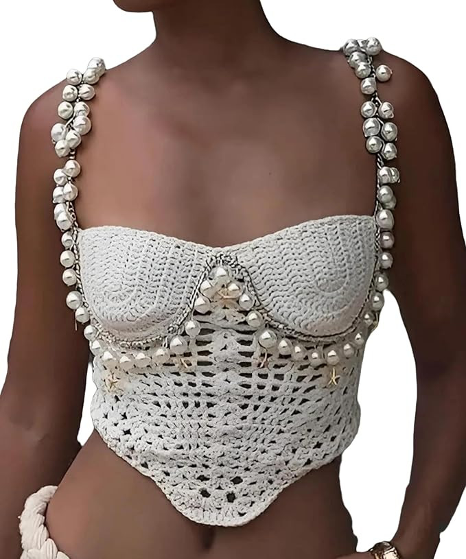 Women's Sexy Pearl Crochet Crop Tops Hollow Out Strapless Cami Summer Beach Halter | Amazon (US)