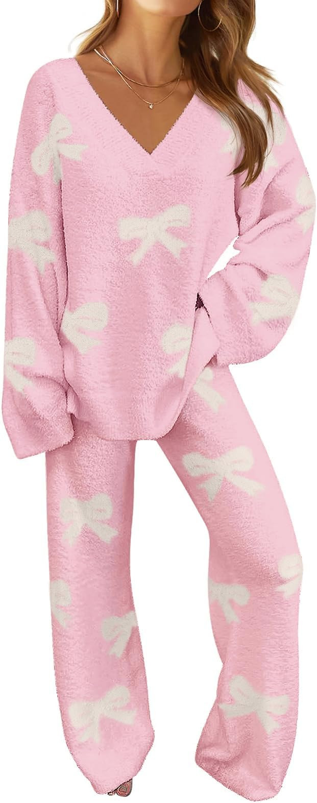 MEROKEETY Women's Lounge Sets 2025 Fall Fashion 2 Piece Outfits Sweater Pajama Set Fuzzy Loungewe... | Amazon (US)