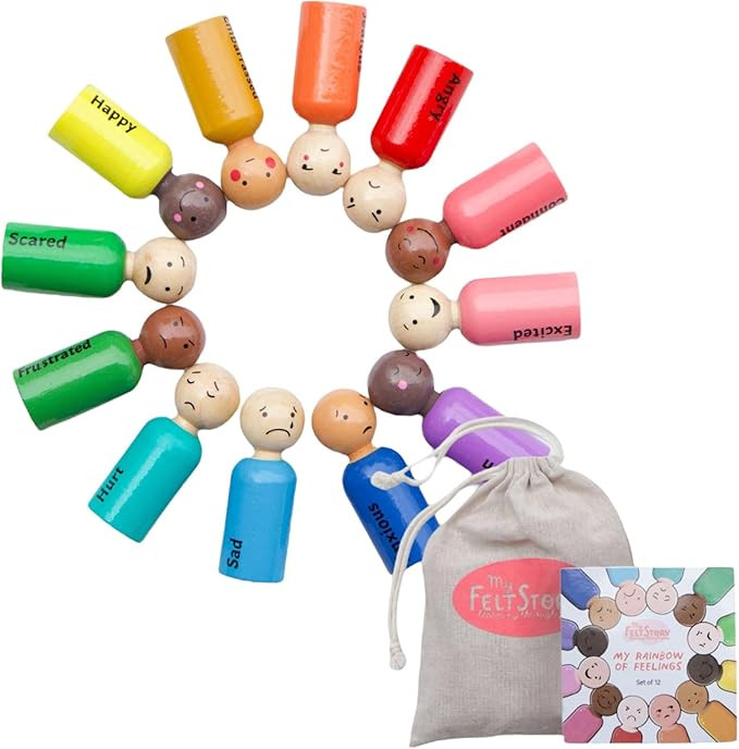 12 Feeling Peg Dolls, Multi Skin Tone, Rainbow Wood, Montessori Reggio Preschool, Emotion People ... | Amazon (US)