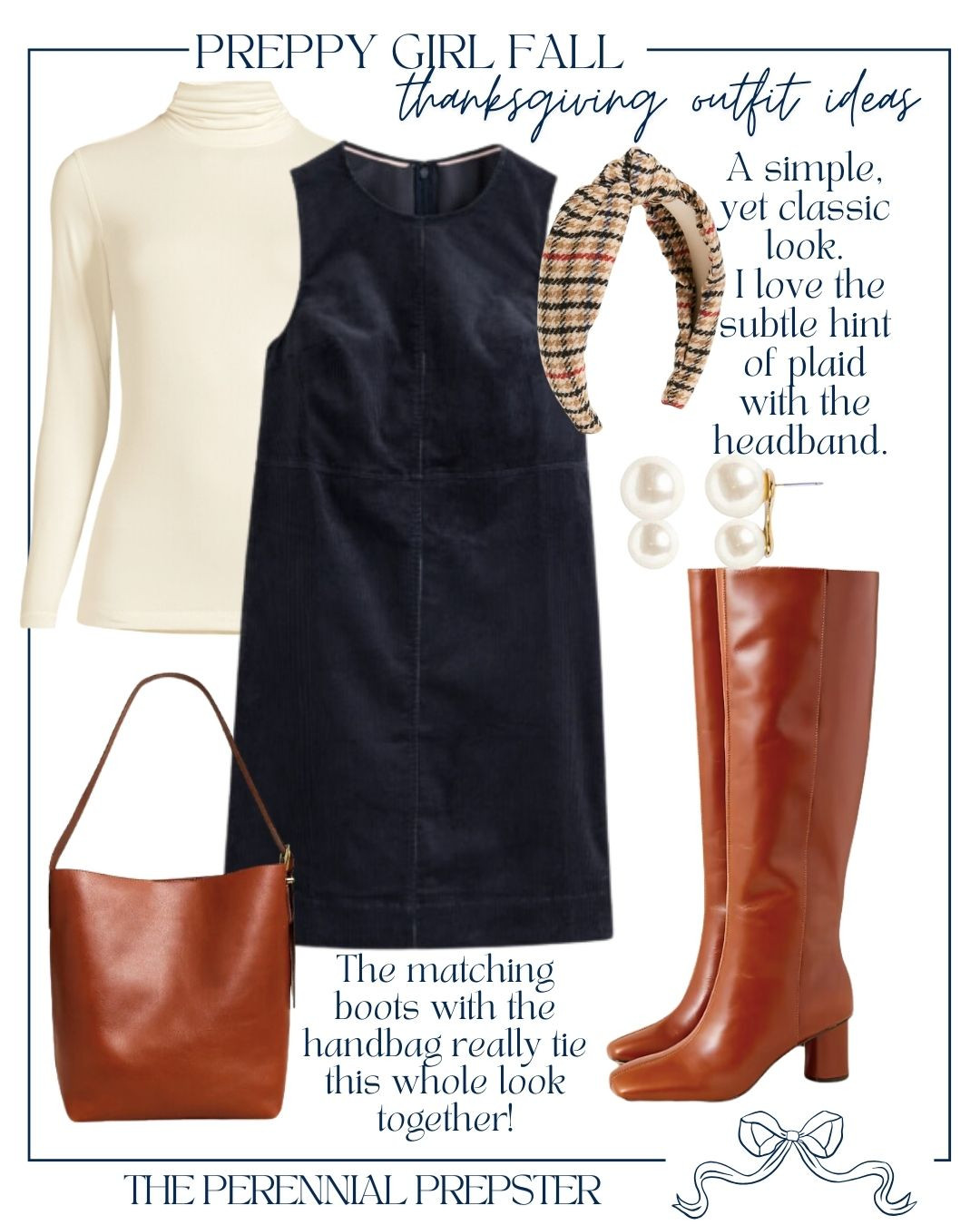 Preppy Girl Fall Thanksgiving outfit idea! I love this navy corduroy jumper! I paired it with a cream turtleneck and matching brown leather bag and boots. Added in the houndstooth headband for a touch of fall plaid and tie it all together with my favorite double pearl earrings! A simple yet classic and elegant look.  

 #LTKSeasonal