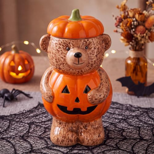 Rtteri Pumpkin Teddy Bear Cookie Jar with Lid Halloween Ceramic Candy Jar | Amazon (US)
