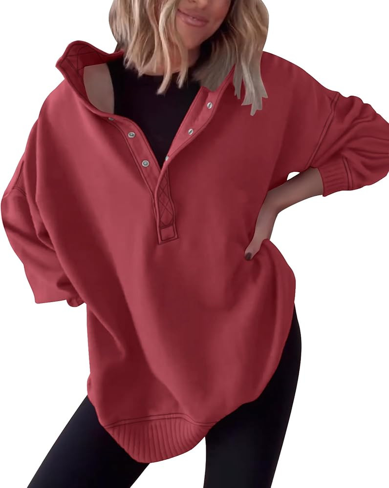 Gacaky Womens Oversized Sweatshirts Casual Button Henley Neck Long Sleeve Pullover Fleece Loose F... | Amazon (US)