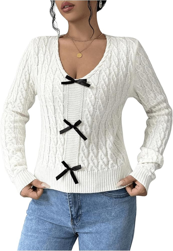SweatyRocks Suéteres de manga larga con cuello en V para mujer, con lazo decorado, suéter de pu... | Amazon (US)