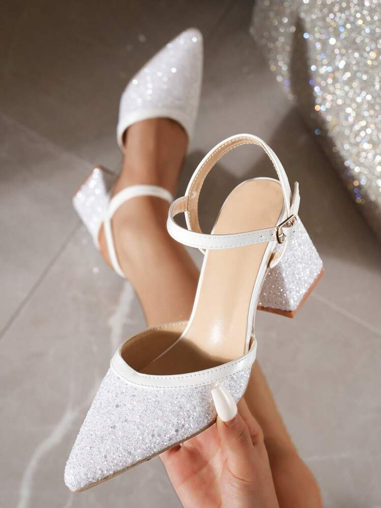 New Pointed Toe White Glitter/Sequins Thick High Heel Women Shoes | SHEIN