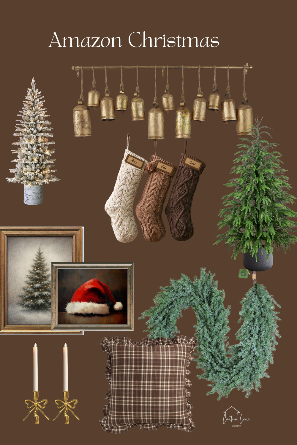 Some of my favorites from Amazon for this holiday. Hanging belss, knit stockings, faux christmas tree, cedar garland, gold candle holders, framed art christmas tree, amazon home 

 